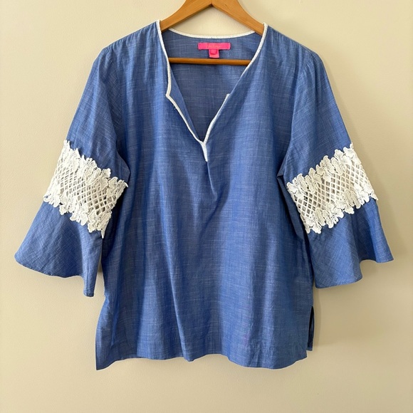Lilly Pulitzer Amelia Island Flounce Sleeve Top Coastal Blue Lace Accent Size L - Picture 12 of 13
